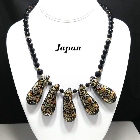 Vintage Japan Hand Painted Porcelain Necklace, Lucite Beads, 1950s - Picture 1 of 10